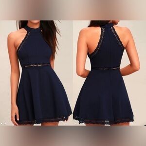 NWT LULUS Reach Out My Hand Navy Blue Lace Skater Dress- Size Small